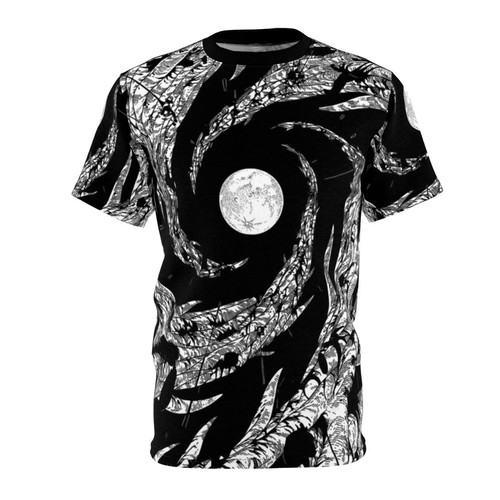 Enchanting t-shirt design featuring a night sky scene with a dark moon, rain, and trees inspired by Japanese anime and manga