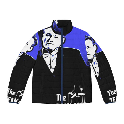 Conan O'Brien 'The Godfather' style puffer jacket featuring a portrait of the comedian