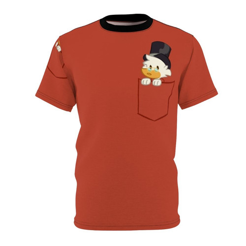 Person wearing an all-over print t-shirt featuring a scuba diving and ocean conservation design