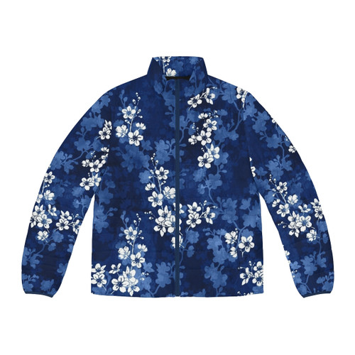 Sakura blossom puffer jacket in navy blue with watercolor pattern