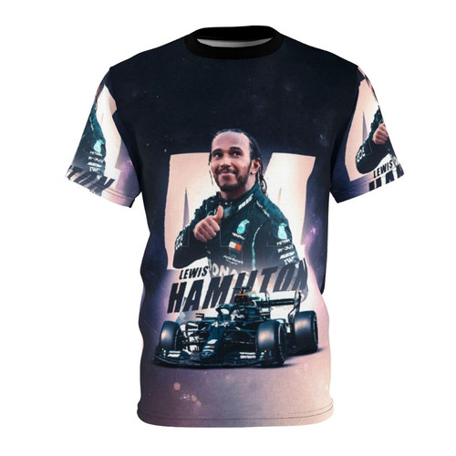 Illustration of Lewis Hamilton, 2023 Formula One World Champion, on a stylish graphic t-shirt