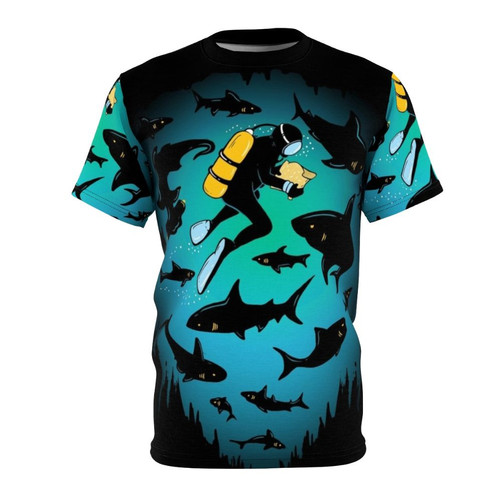 Graphic illustration of a shark and diver on a t-shirt
