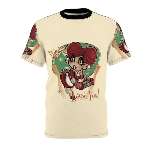 Chibi-style illustration of a couple on a red heart-patterned t-shirt