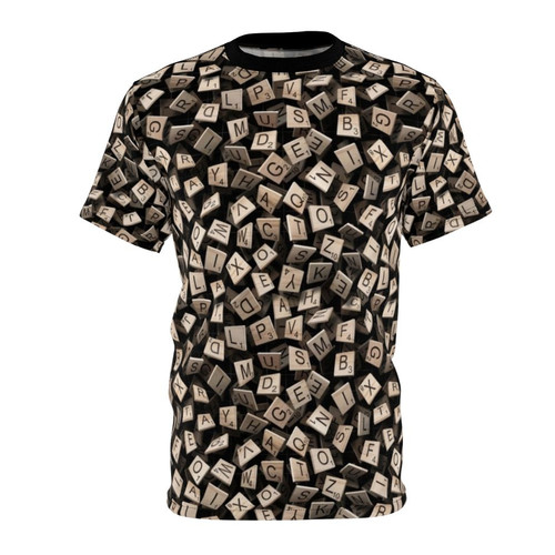 Scrabble tile pattern t-shirt design with colorful letters and words