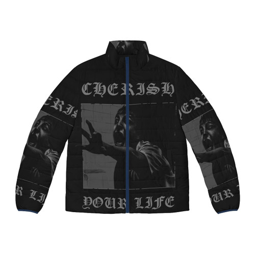 Chernabog Puffer Jacket, featuring a mountain demon design for a cozy and stylish winter look.