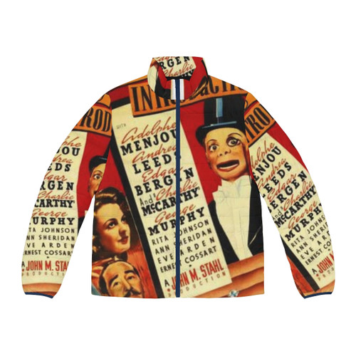 Vintage-inspired puffer jacket featuring classic movie characters Charlie McCarthy and Edgar Bergen