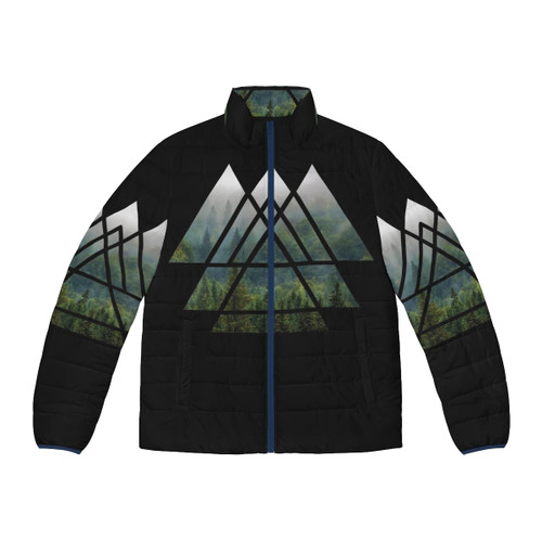 Sacred geometry triangles puffer jacket in misty forest landscape