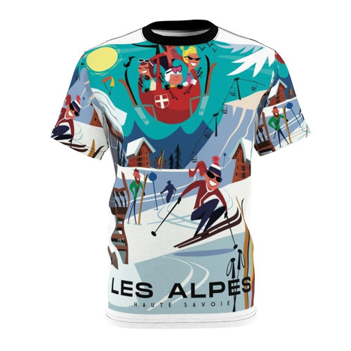Stylish ski-themed t-shirt design featuring a retro ski poster illustration of the French Alps