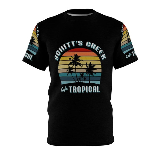 Schitt's Creek inspired tropical all-over print t-shirt featuring characters and references from the popular Canadian sitcom.