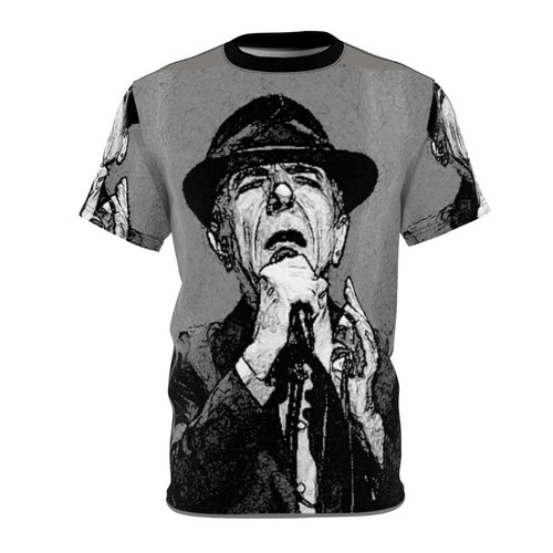 Monochrome T-shirt featuring the portrait of iconic singer-songwriter Leonard Cohen