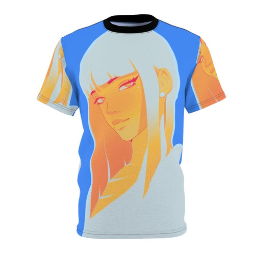 Vibrant digital art portrait t-shirt with a colorful, modern anime-inspired design
