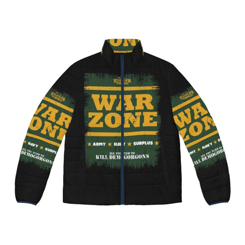 Stranger Things 4 War Zone Puffer Jacket featuring Hellfire Club and Demobat designs