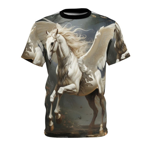 Illustration of a legendary horse with wings, a mythical pegasus creature, on a graphic t-shirt