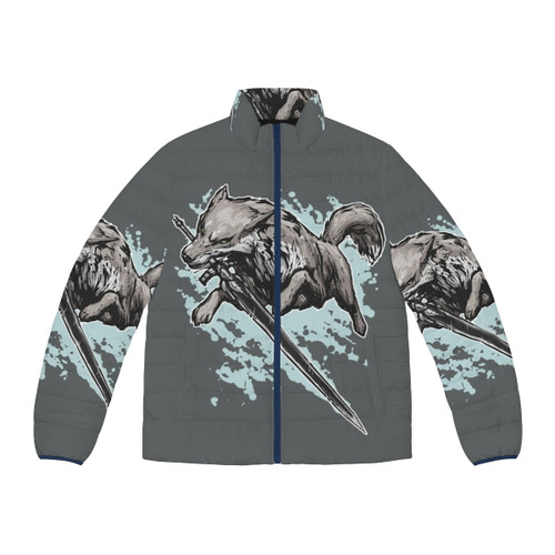 The Swordswolf Grey Wolf Puffer Jacket, a dark souls inspired video game jacket