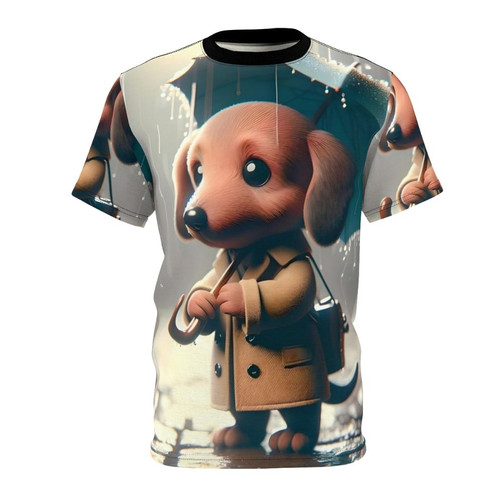 Dachshund dog wearing raincoat and standing in the rain, with text "Rainy Day Dachshund Themed T-Shirt for Dog Lovers"