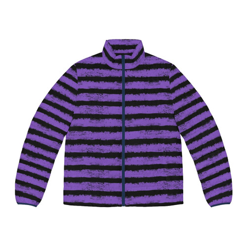 Black and purple splatter striped puffer jacket with a bold, horror-inspired design