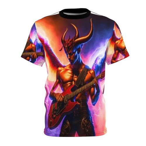 Demonic art t-shirt featuring a guitarist with horns, flames, and satanic imagery