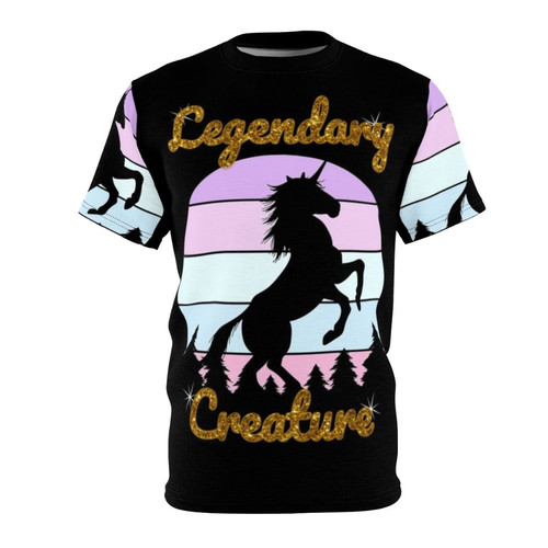A vibrant, artistic t-shirt design featuring a majestic white unicorn with a rainbow horn, set against a lush, enchanted forest background.