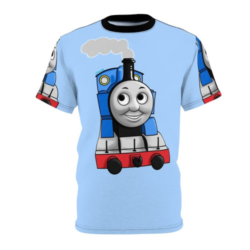 Illustration of Thomas the Tank Engine, a popular children's cartoon character, on a t-shirt