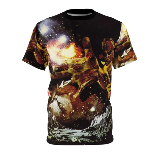 Colorful t-shirt design inspired by the album cover art of Santana Iii, featuring guitar, music, and space motifs.