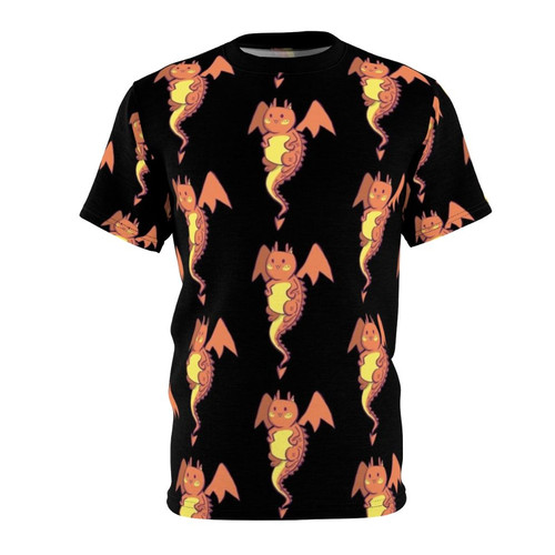 Whimsical illustration of a cat with dragon-like features on a t-shirt