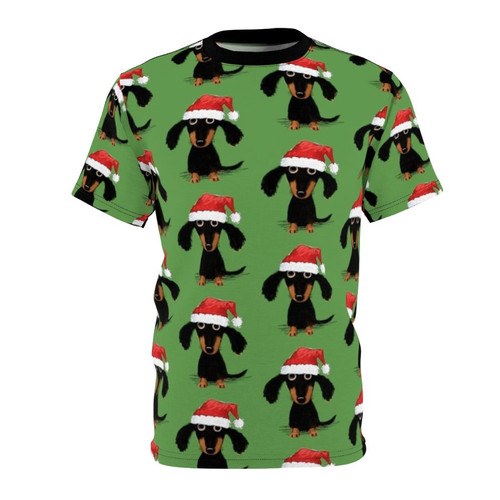 Dachshund wearing Santa hat and holiday-themed graphic on t-shirt