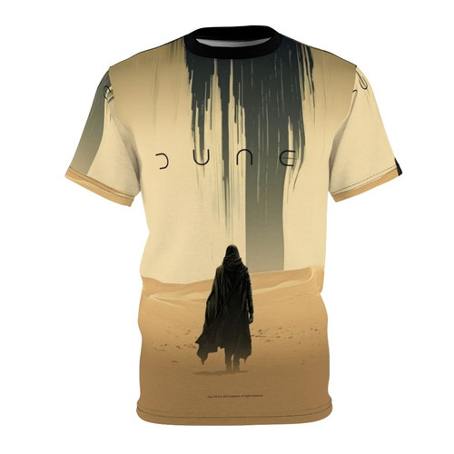 Sand-colored t-shirt with a desert landscape design inspired by the Dune movie and novel series