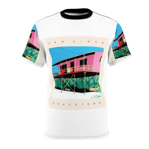 Colorful t-shirt featuring a graphic design inspired by the album cover of San Cisco's "Gracetown"