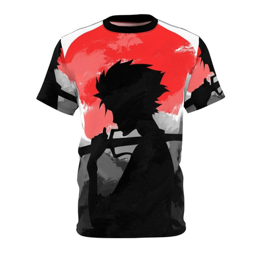 Samurai inspired AOP t-shirt with vibrant sunset landscape