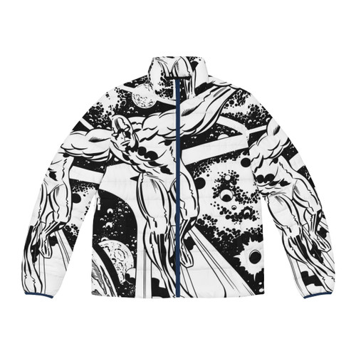 Silver Surfer puffer jacket with Kirby-esque cosmic design