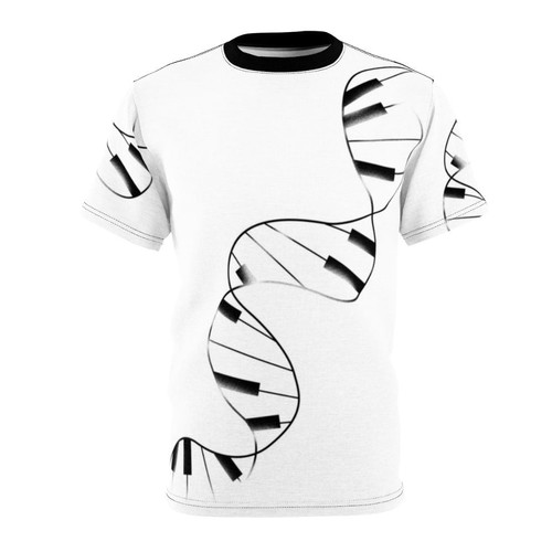 T-shirt design featuring piano keys and human DNA helix, representing the fusion of music and science.