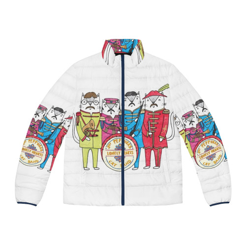 Sgt. Peppurr's Lonely Hearts Cats Band Puffer Jacket featuring a cat in a Beatles-inspired puffer coat