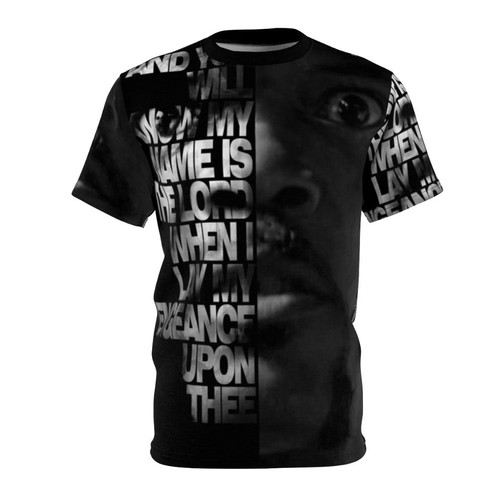 Graphic design of Samuel L. Jackson's character delivering a famous monologue from the Quentin Tarantino film Pulp Fiction, printed on a high-quality t-shirt.