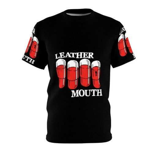Leathermouth logo graphic t-shirt design featuring a pills and cross symbol
