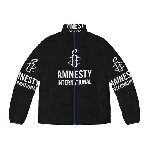 Amnesty International puffer jacket with human rights and equality designs