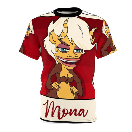 Colorful AOP t-shirt design featuring the Hormone Monster Mona character from the Netflix series Big Mouth