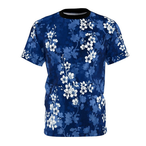 Beautifully detailed watercolor painting of sakura blossoms and butterflies on a navy blue t-shirt