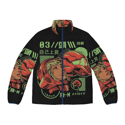 Retro sci-fi puffer jacket with vintage robot and Japanese style design