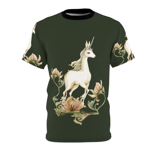 Whimsical fantasy design featuring a unicorn in a colorful flower garden