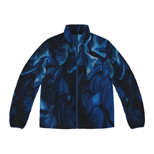 Vibrant abstract puffer jacket showcasing a stunning nature-inspired design