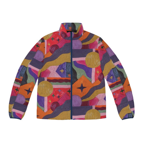 A vibrant and colorful puffer jacket featuring abstract geometric shapes and patterns
