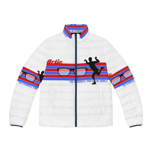 Artie, the strongest man in the world, wearing a high-quality puffer jacket