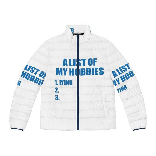 Puffer jacket featuring a list of hobbies design, perfect for casual winter wear
