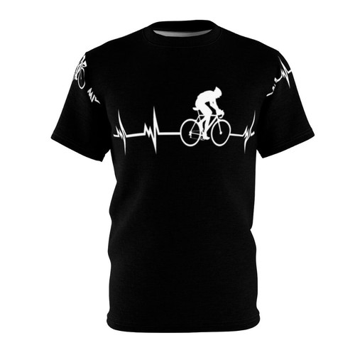 Person wearing a t-shirt with a cycling heartbeat design