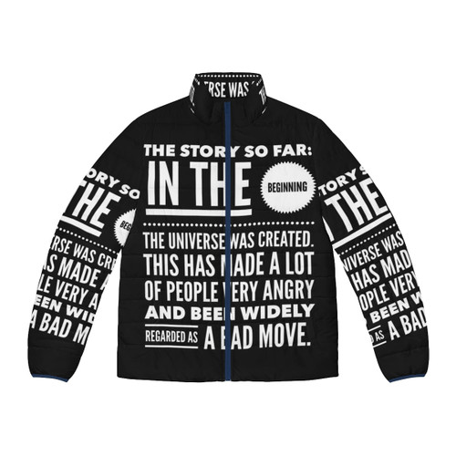 The Story So Far Puffer Jacket featuring designs inspired by the iconic The Hitchhiker's Guide to the Galaxy series