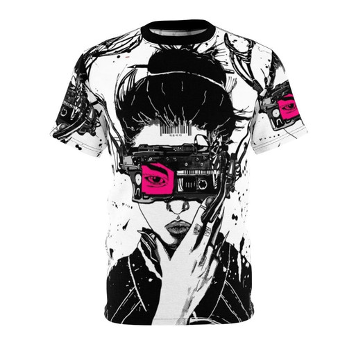 Cyberpunk vaporwave inspired modern urban style t-shirt featuring futuristic, digital and minimalist graphics.