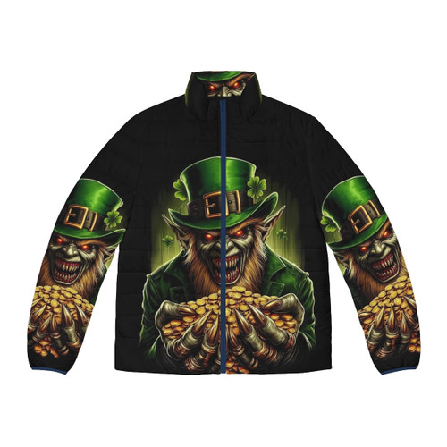Zombie leprechaun wearing a green puffer jacket with shamrocks