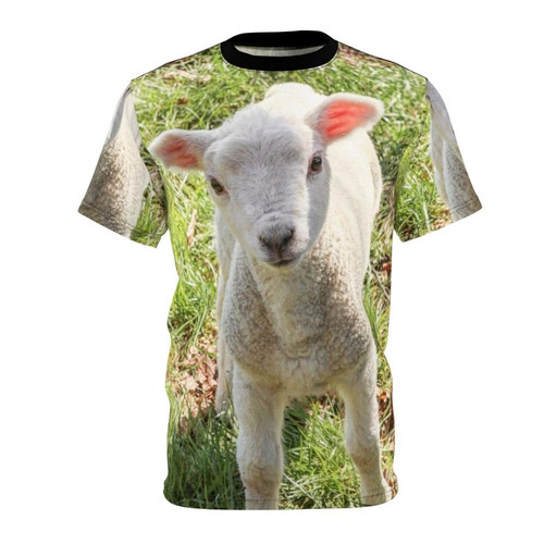 Close-up portrait of a cute, fluffy baby lamb standing in a grassy meadow