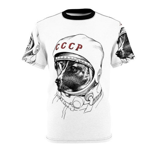 Illustration of Laika the dog, the first animal to orbit the Earth, on a t-shirt design featuring space imagery