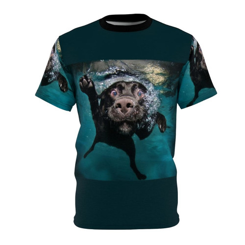 A cute dog swimming underwater in a whimsical, playful design